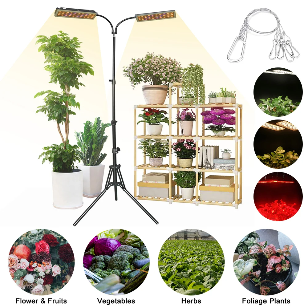 Grow Light with Stand 180W Full Spectrum Phyto Growing Lamp 2-Head 180 LEDs Floor Flower Plant Lamp Adjustable Timer for Indoor