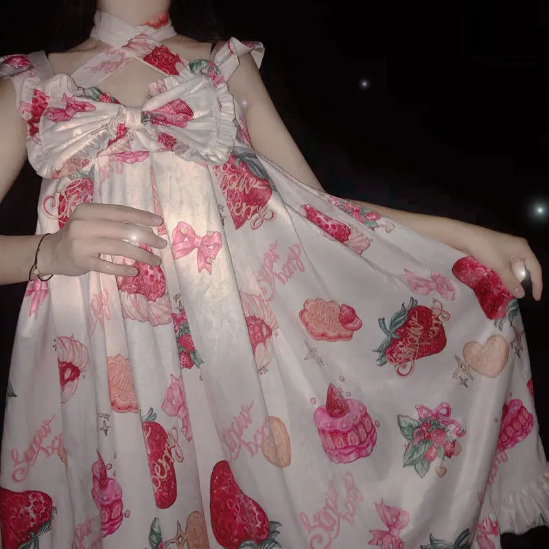 

Japanese Sweet Bow Jsk Lolita Dress Women Vintage Victorian Gothic Strawberry Love Sleeveless Princess Tea Party Girl Dresses