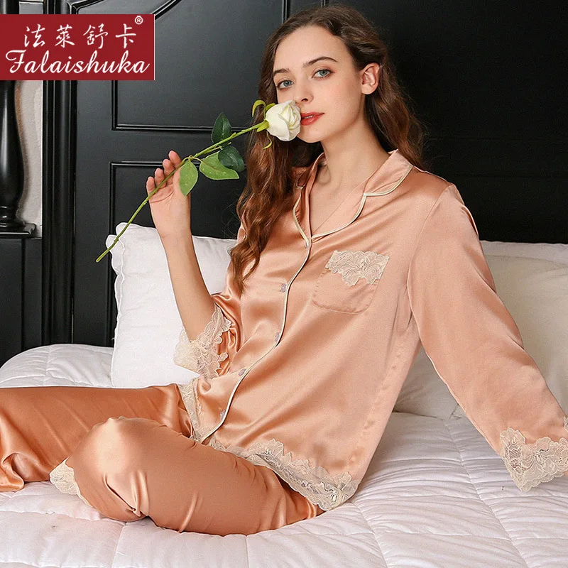 100% Silk Pajamas Sets Women Two Piece Pajama Set Homewears Lady Red Pink 2021 Summer Spring Lady Home Wears Sleepwear