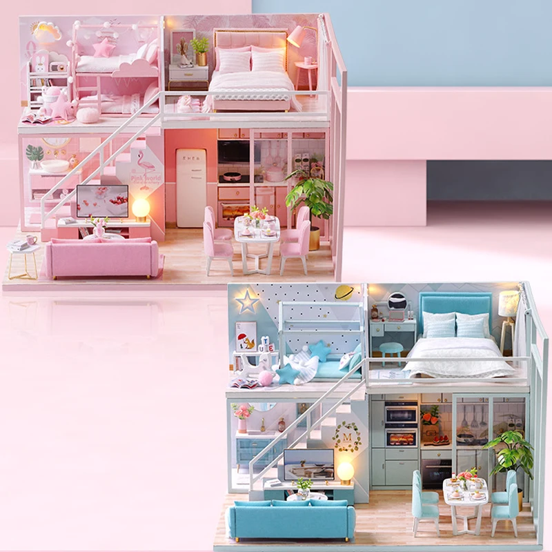 

3D Villa Doll House Mini Wooden Furniture House Modern Attic Apartment LED Light Doll House Accessories Child Birthday Toy Gift