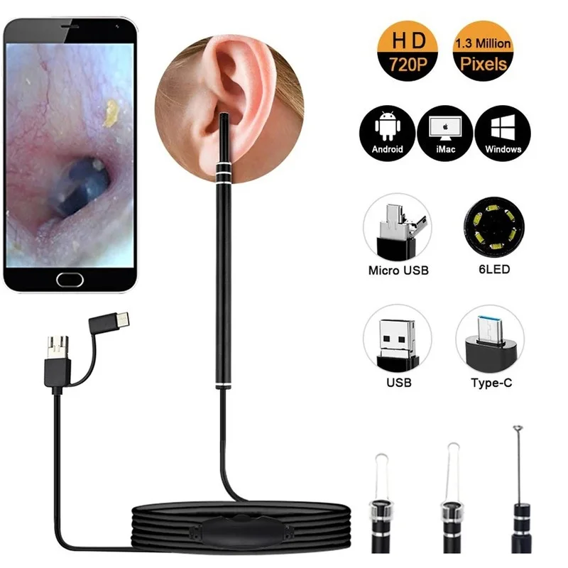 

Medical In Ear Cleaning Endoscope Spoon Mini Camera Ear Picker Ear Wax Removal Visual Ear Mouth Nose Otoscope Support Android PC