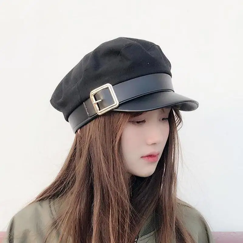 Black military cap autumn women's winter fashion wool beret short skirt news men's belt belt women's belt