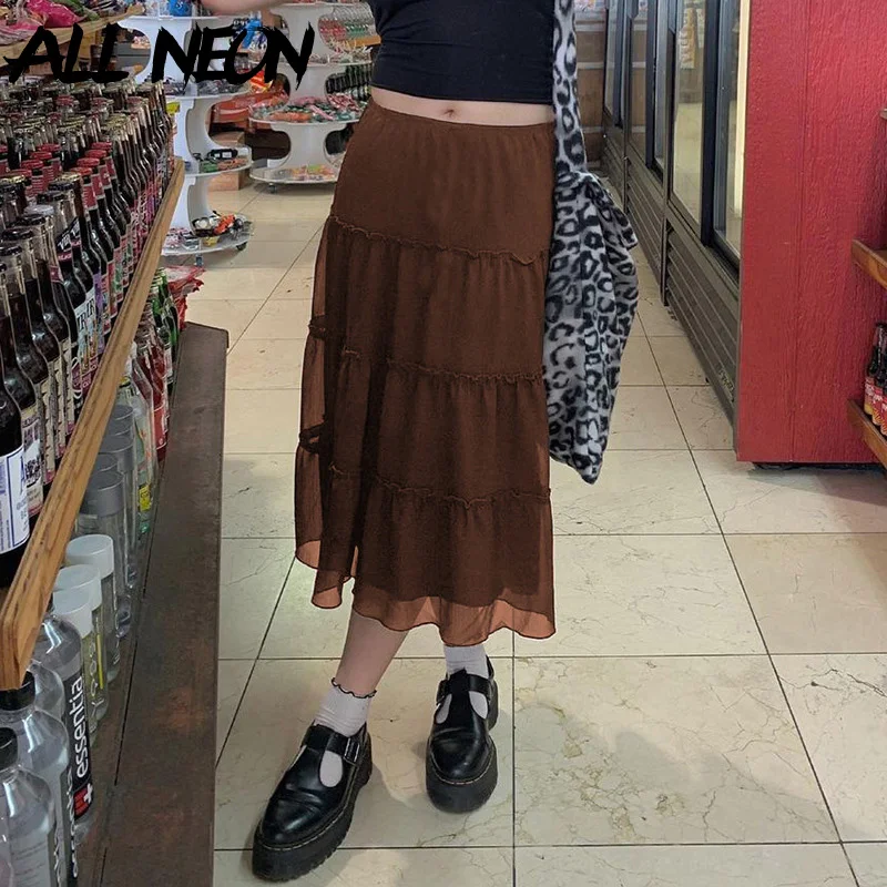 

ALLNeon 90s Aesthetics Brown Mesh Ruffles Skirts Y2K Fairy Grunge Low Waist Patchwork Midi Skirt A-line Indie Outfits Fashion