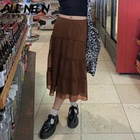 allneon 90s aesthetics brown mesh ruffles skirts fairy grunge low waist patchwork midi skirt a line indie outfits fashion