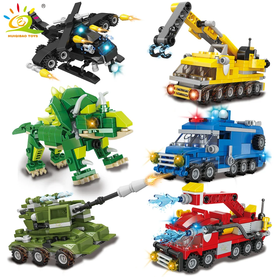 

HUIQIBAO 6in1 City Town Building Blocks Fire Fight Police Engineering Tank Truck Car Dinosaur Bricks Set Children Toys KIDS GIft