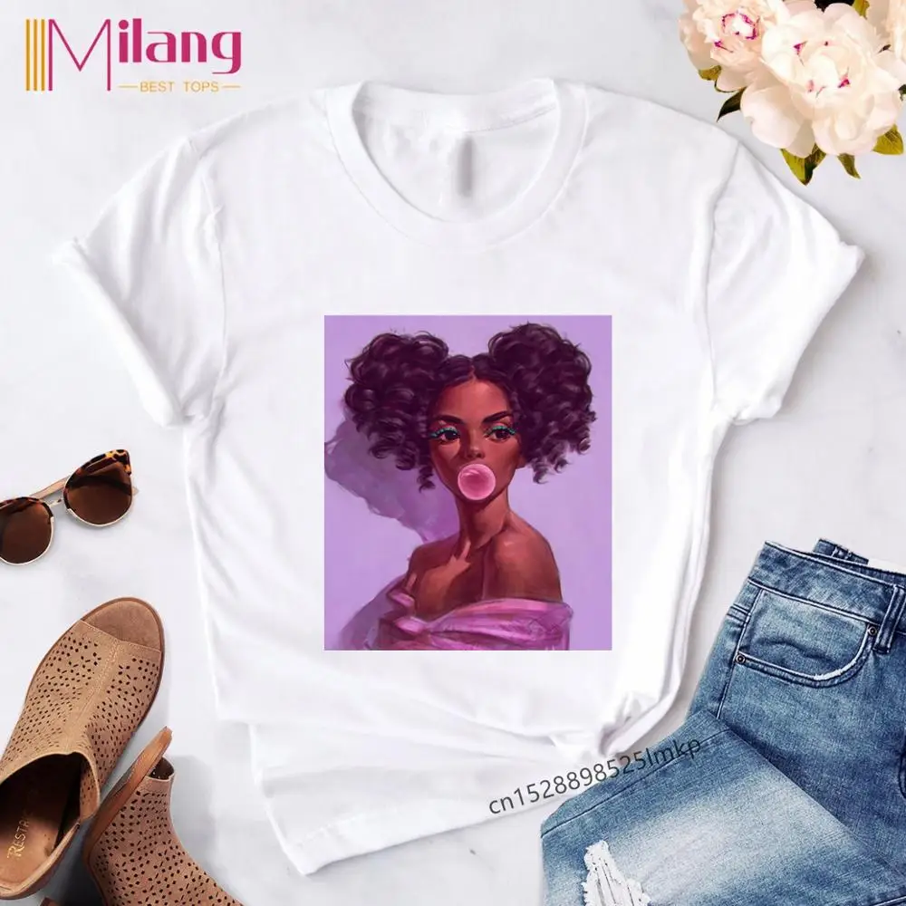 Женская футболка Melanin Poppin красивая черная с принтом для девочек модная Прямая