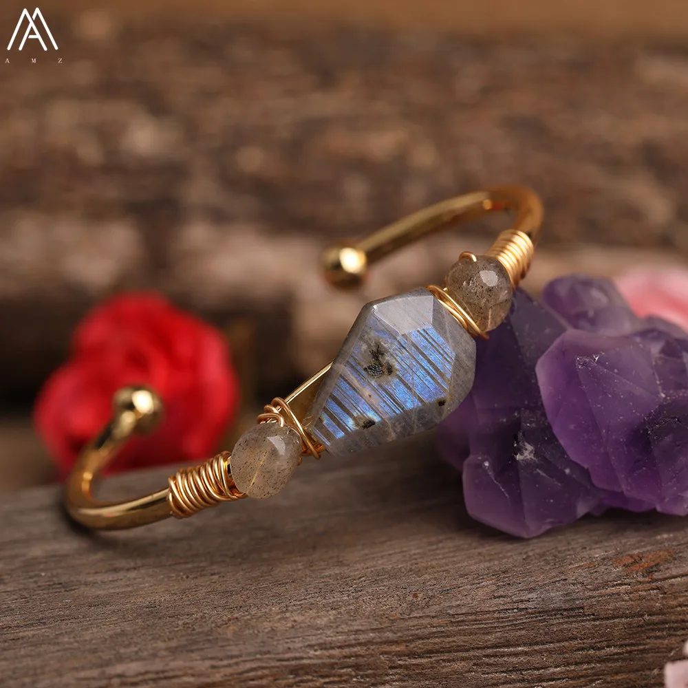 

Fashion Women Flash Labradorite Stone Beads Open Cuff Bangles Gold Natural Stone Chip Beads Bracelets For Girlfriend Lover Gift