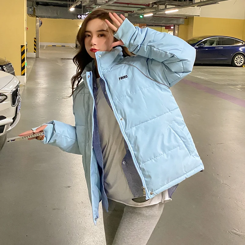 

Korean Style Women's Winter Jacket Solid Long Sleeve Stand Collar Ladies Casual Down Coats Zipper Pockets Thick Warm Outwear