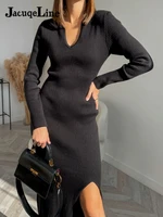 jacuqeline 2021 autumn winter bodycon sweater knitted maxi dress women sexy turn down collar long sleeve split party dresses