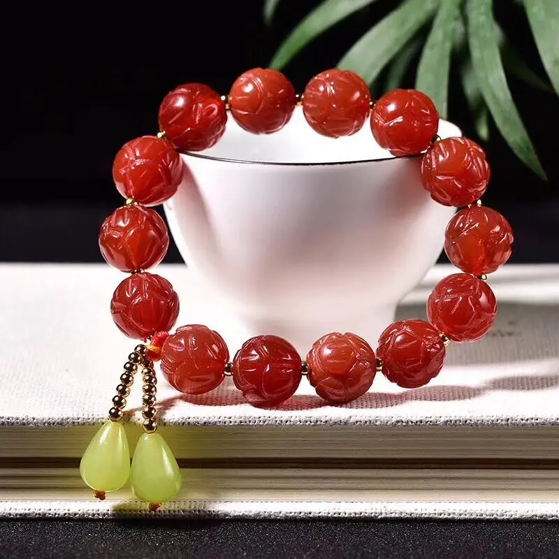 

Dropshipping Red Natural Crystal Bracelet Carved Lotus Flower Beads Hand String Lucky for Women Gift Beauty Crystal Jewelry