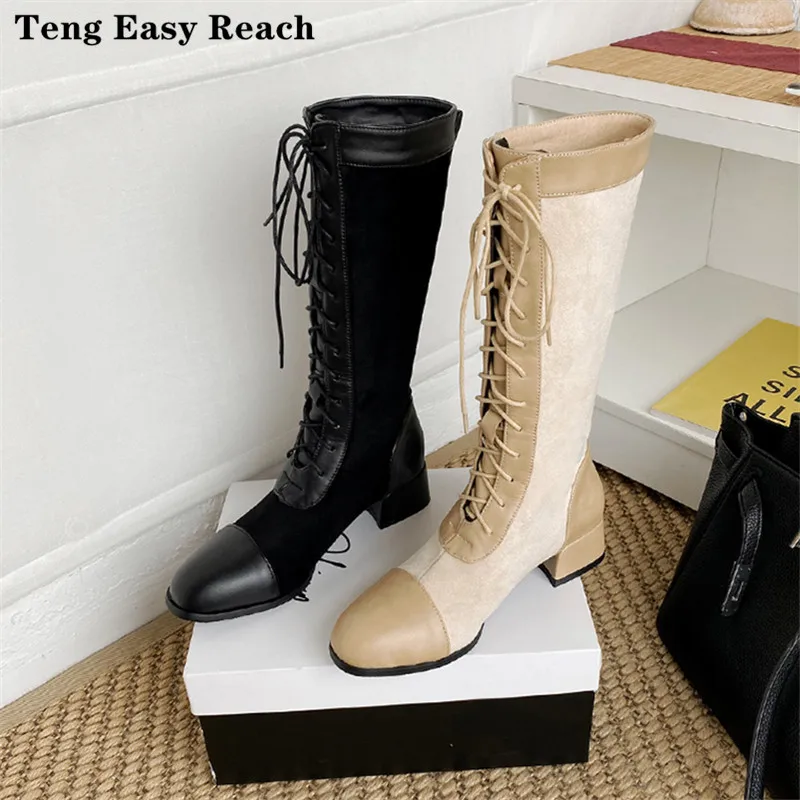 

2021 Hot Sale Spring Autumn Lacing Knee High Boots Women Fashion black Square Heel Woman Leather Shoes Winter PU Large Size 43
