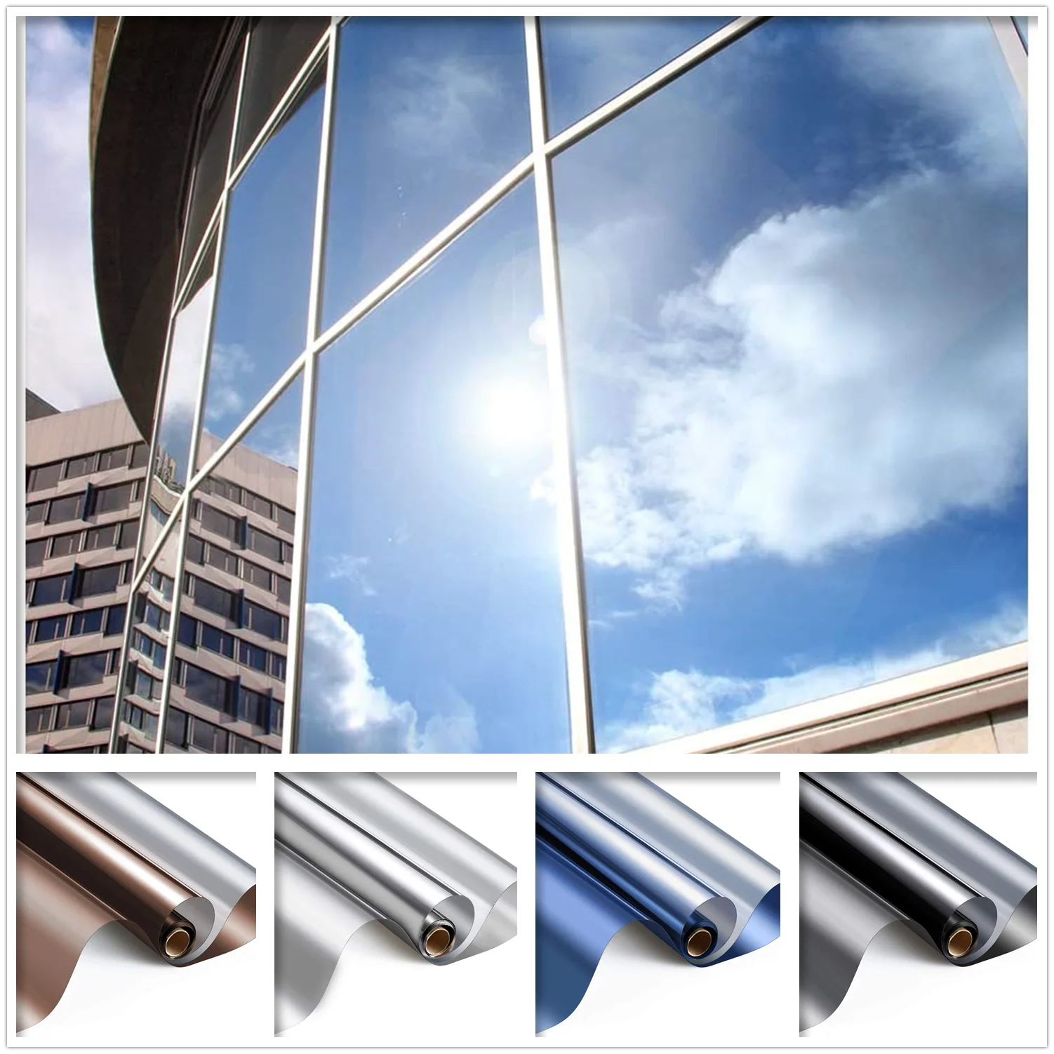 

One Way Mirror Window Film Privacy Self-Adhesive Reflective Window Tint Heat Control Anti-UV Glass Stickers for Home Office