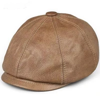 retro octagonal genuine leather hat autumn mens cowhide leather beret elegant fashion student tongue cap snapback caps for men