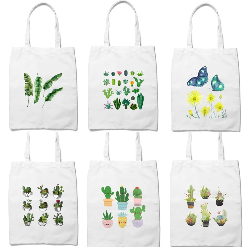 

Модные женские сумки, Холщовая Сумка-тоут с изображением кактуса, бабочки, растений, Женская Экологически чистая многоразовая сумка для пок...