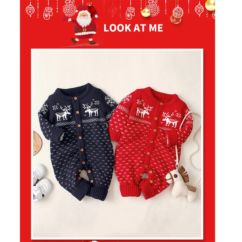 

New Baby Girl Romper Newborn Baby Boys Girls Deer Knitting Romper Babies Winter Warm Playsuit Rompers Outfits Christmas Clothing