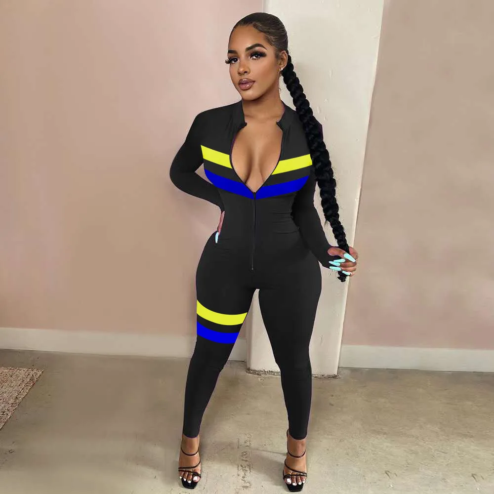 

Long Sleeve Sexy Color Matching Zipper Tight Jumpsuit Women's Fitness Exercise Cycling or Motorcycle Racing Casual Jumpsuit