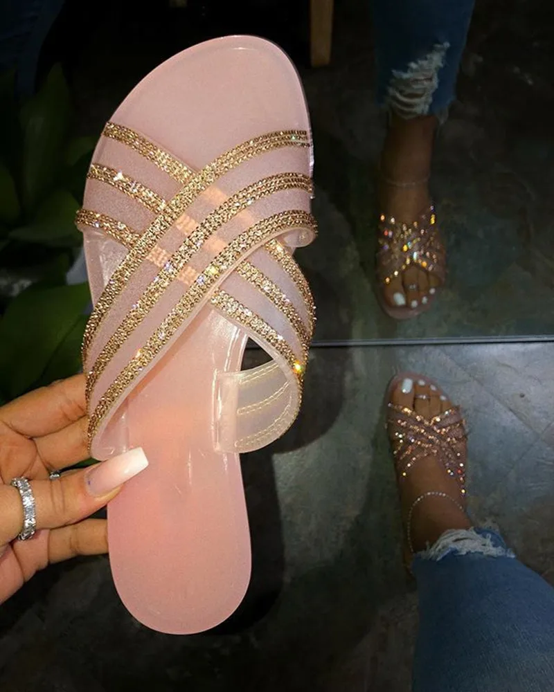 

Spring/summer new 2020 women outdoor cross rhinestone slippers bright diamond leisure beach mat non-slip PVC durable flip flop