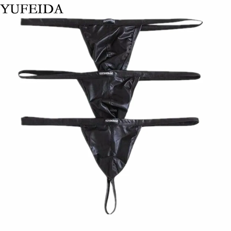 

YUFEIDA 3 шт./лот, сексуальные мужские стринги, мужское нижнее белье, мужские трусы для геев, Трусы из искусственной кожи с Т-образным ремешком, Т...