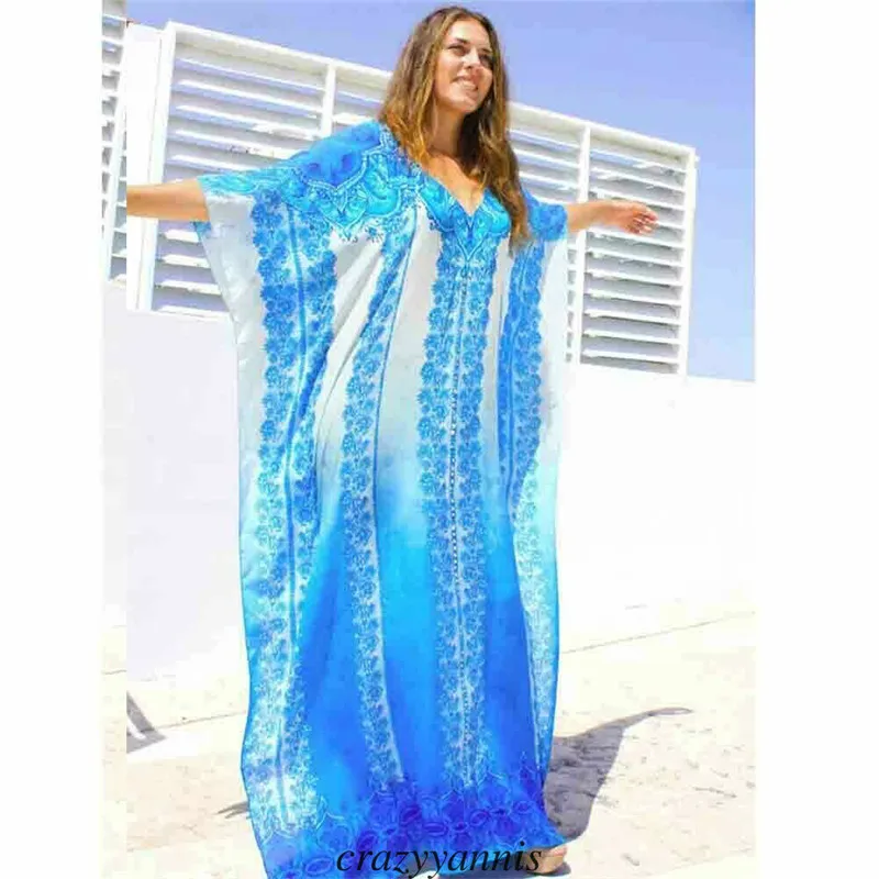 2019 плюс размер синий вышитый Летний Пляжный шифоновый кафтан пляжная Женская