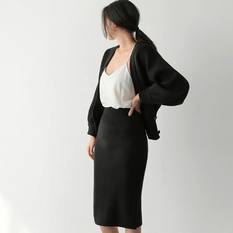 Корейский вязаный комплект одежды из 2 предметов для женщин зимние с буфами на