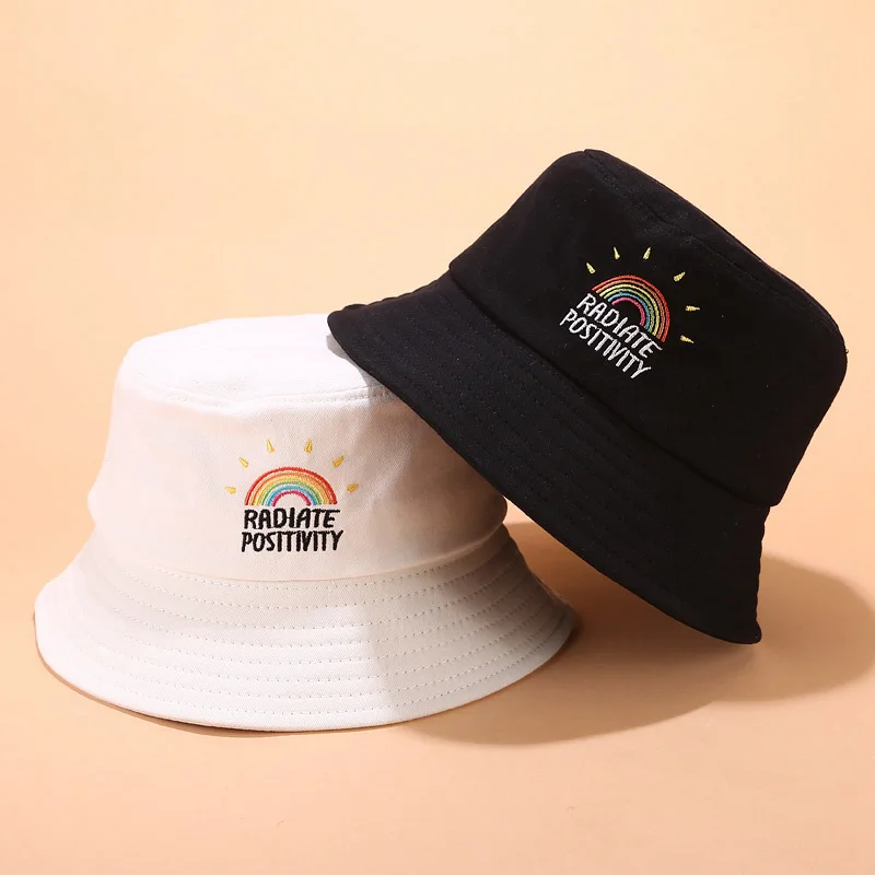 

Women Rainbow Embroidery Bucket Hat Men Panama White Black Fishing Sun Hats Summer Vintage Ladies Unisex Street Hip Hop Cap