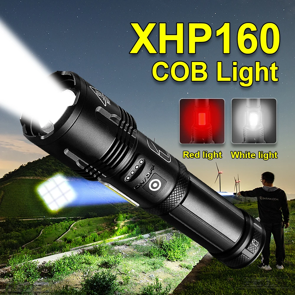 

XHP160 High Power LED Flashlight 18650 26650 USB Rechargeable Tactical Torch COB Flash Light XHP50 Mini Zooming Camping Lantern