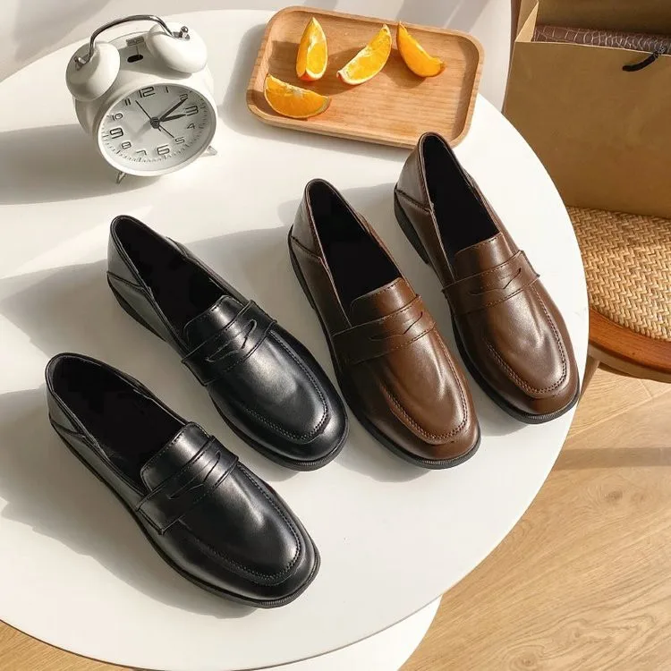 

Casual Woman Shoe Female Footwear Square Toe Oxfords British Style Shallow Mouth Summer Dress Leather New Preppy Solid Spring Fl