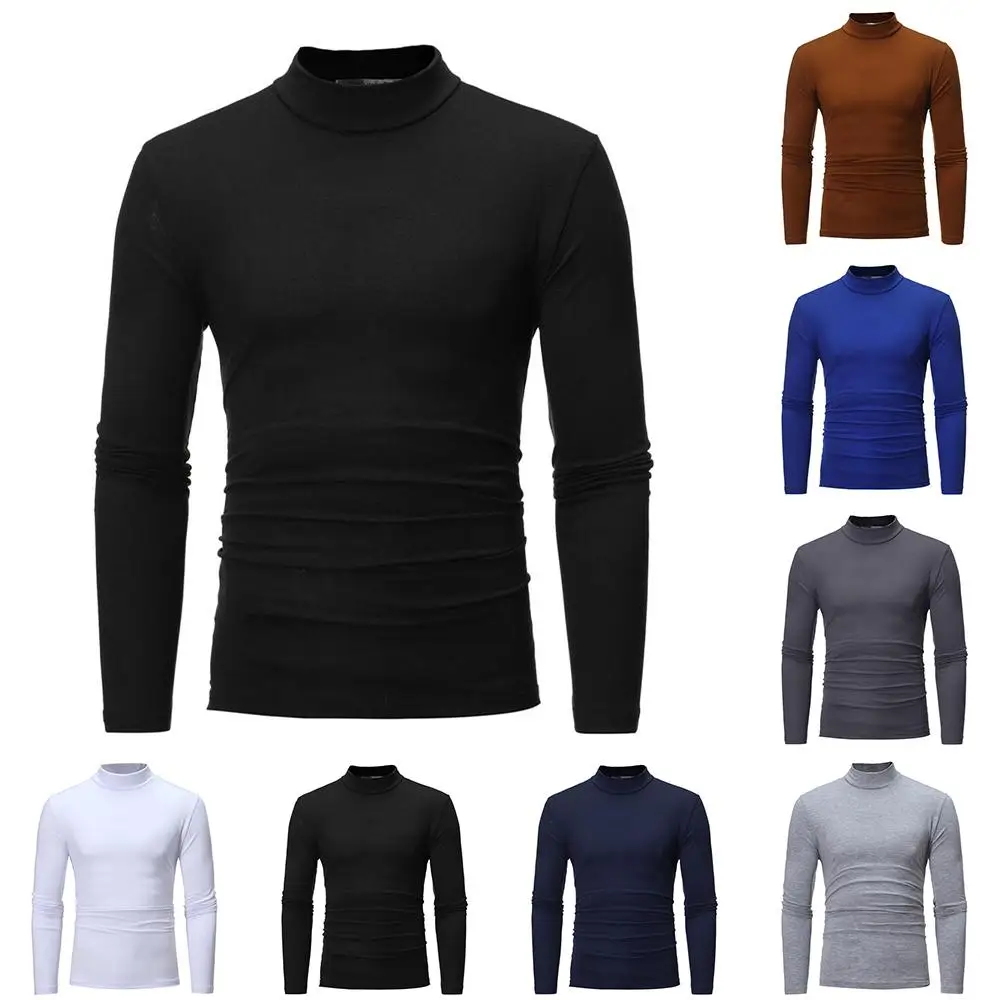

High Neck Men Solid Color Long Bottoing Shirts Male Casual Autumn Pullover Tees