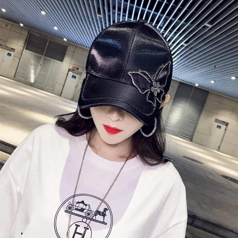 

Блестящая женская бейсболка Стразы с вышивкой бабочки Модная шелковая атласная шляпа от солнца весенние Летние повседневные регулируемые ...