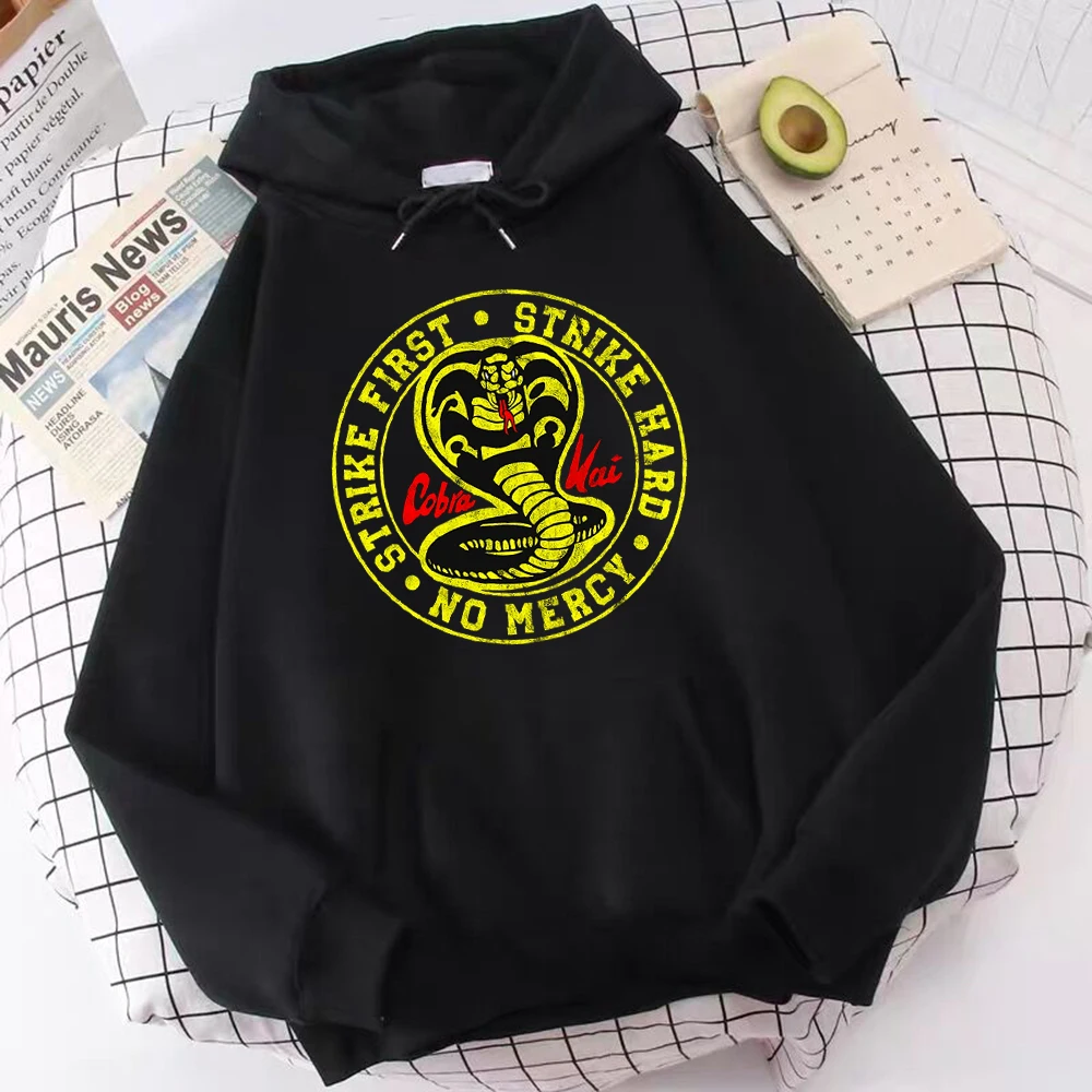 

COBRA KAI Hoodie Sweatshirt Strike Hard Strike First No Mercy Printed Hooded Cobra Kai Men Pullover Hoodies Kids Boy Clothing