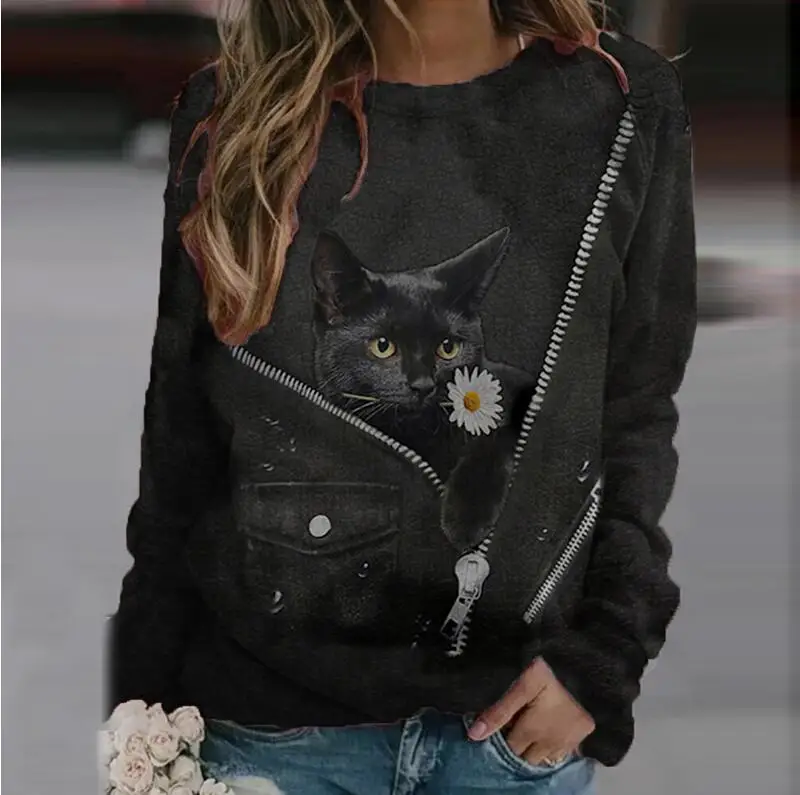 shirts & tops Kawaii Black Cat Zipper Print Women Blouse Shirts Casual Crew Neck Long Sleeve Lady Tee Plus Size Loose Aesthetic Pullover Tops blouses & shirts