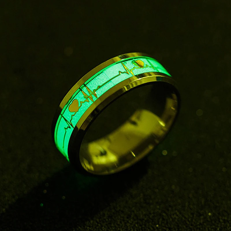 

2021 New Luminous ECG Ring Carbon Fiber Stainless Steel Couple Rings Heartbeat Promise Men&Women Rings Popular Glowing Jewelry