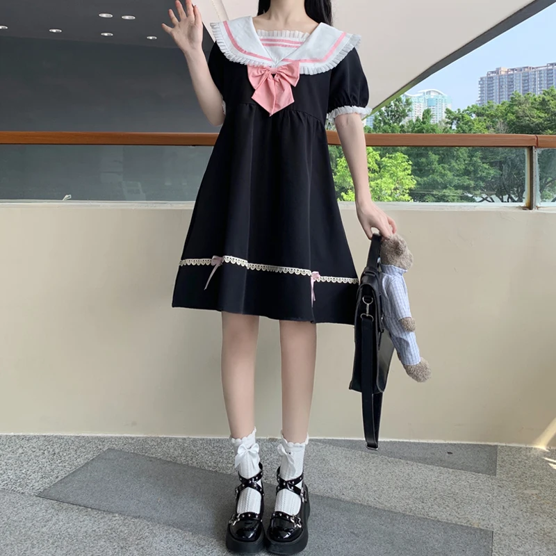 

Japanese Cute Rabbit Ears Lolita Kawaii Summer Dress Women 2021 New Sweet Girl Stitched Navy Collar Puff Short Sleeve Mini Dress