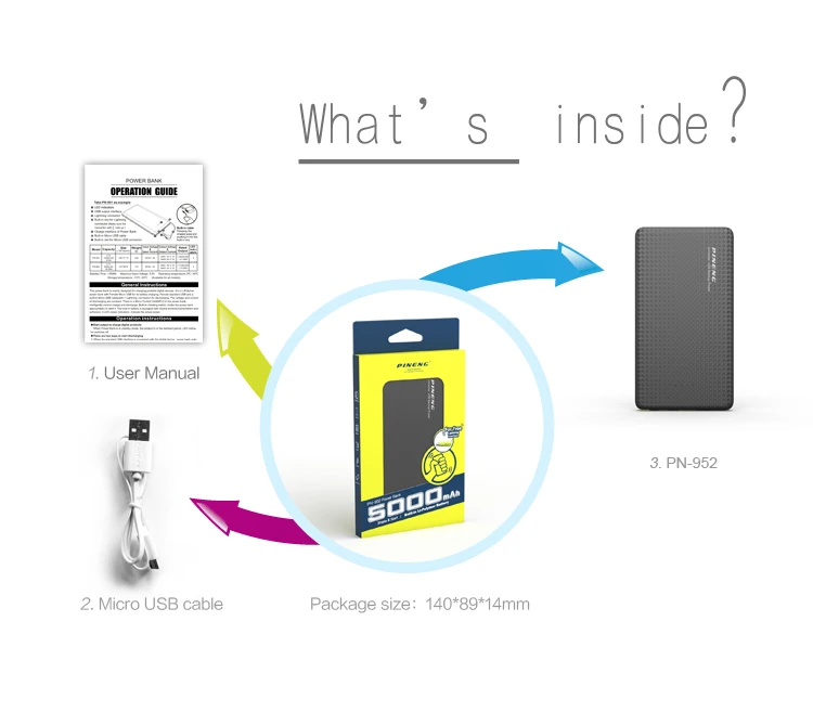 PINENG PN-952 10000mAh power Bank встроенный зарядный кабель Внешний аккумулятор вибрирующий переключатель USB питания