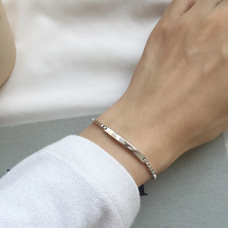 

925 Stamp Silver Smooth Rectangle Box Chain Charm Bracelet Fashion Vintage For Women Men Jewelry Gifts S-B339