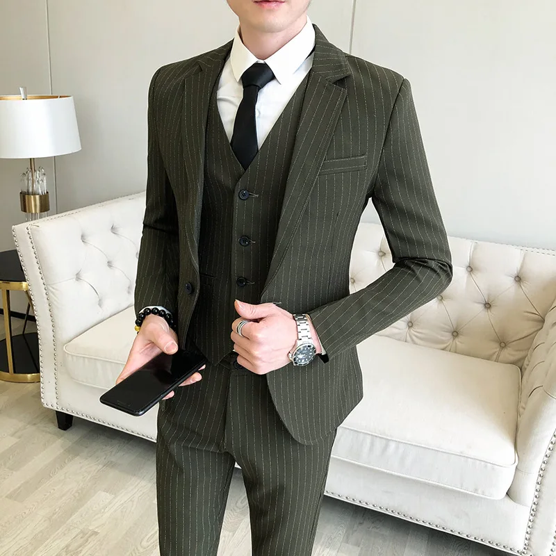 

2020 Spring New Style BOY'S Vertical Stripes Suit Groom Formal Dress Youth Fashion Stripes Suit Three Pieces