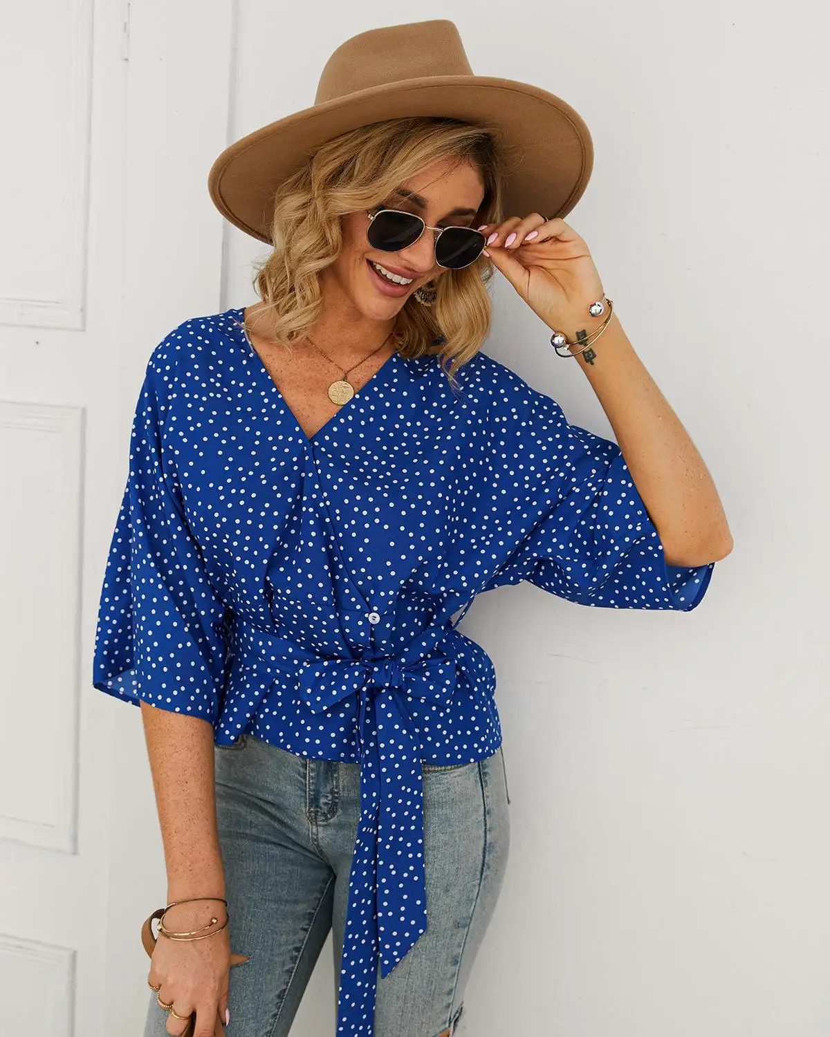 

Women Casual Loose Seven Sleeve V-Neck Shirts Fashion Autumn 2019 Female Wave Point With Sashes New Splice Cotton Floral Shirts