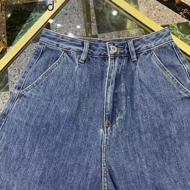 Bearomad Brand Designer 2021 Summer Women Blue Denim Shorts High Waist Moderate Washing Straight Type Bottoms Female Jeans
