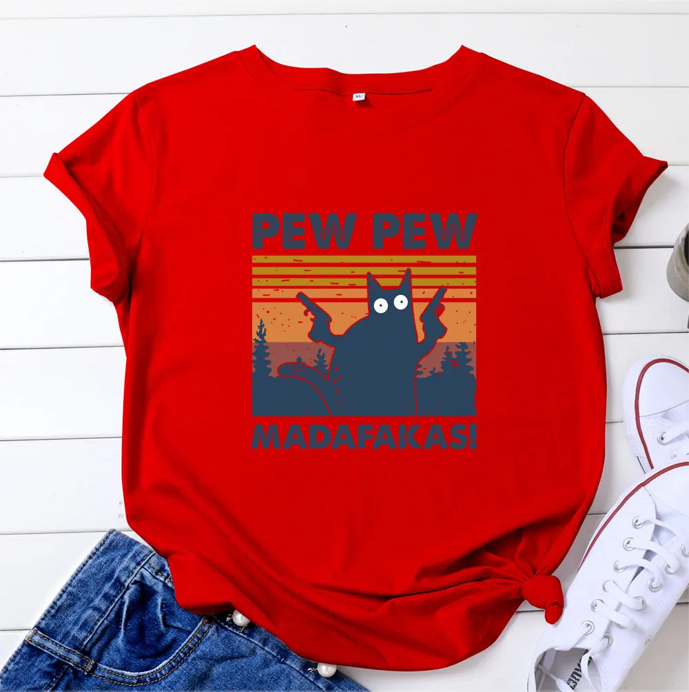 

Retro Cat What Print T-shirts Women Summer 2021 Graphic Tees Funny Shirts For woman tshirts Loose Crew Neck Harajuku Tops