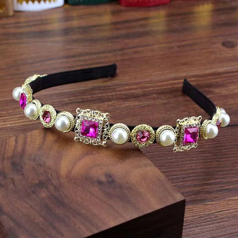 Baroque hairband Широкая винтажная Роскошная розовая кристальная тиара в стиле барокко, королевская повязка на голову, блестящие стразы, повязка для волос для женщин, свадебные аксессуары для волос - Окраска металла: Baroque hairband