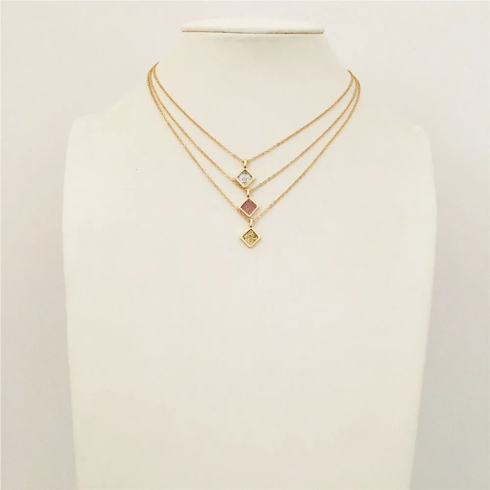 F/W золотой цвет с блестящими квадратными кулонами три слоя в одном многослойное ожерелье с омаром для женщин подарок матери