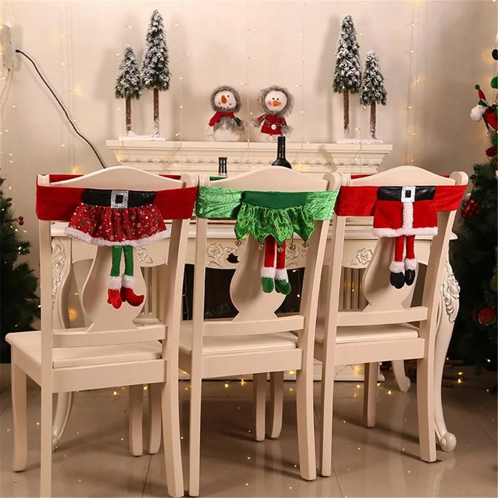 

Santa Claus Elf Chairs Covers Christmas Chair Back Cover Dining Table Decor Restaurant Chair Cover Xmas New Year Supplies Decor