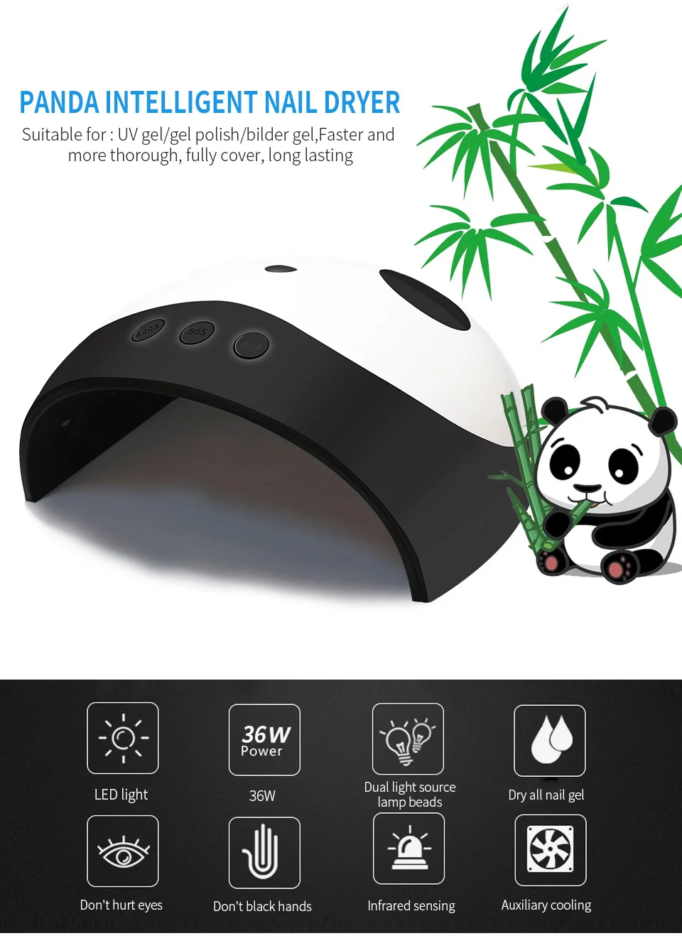 Panda УФ-светодиодный светильник для ногтей 36 Вт, Сушилка для ногтей, маникюрные лампы, двойной светильник, автоматическая сушилка для движения, отверждающий Гель-лак, лак с 3 таймерами