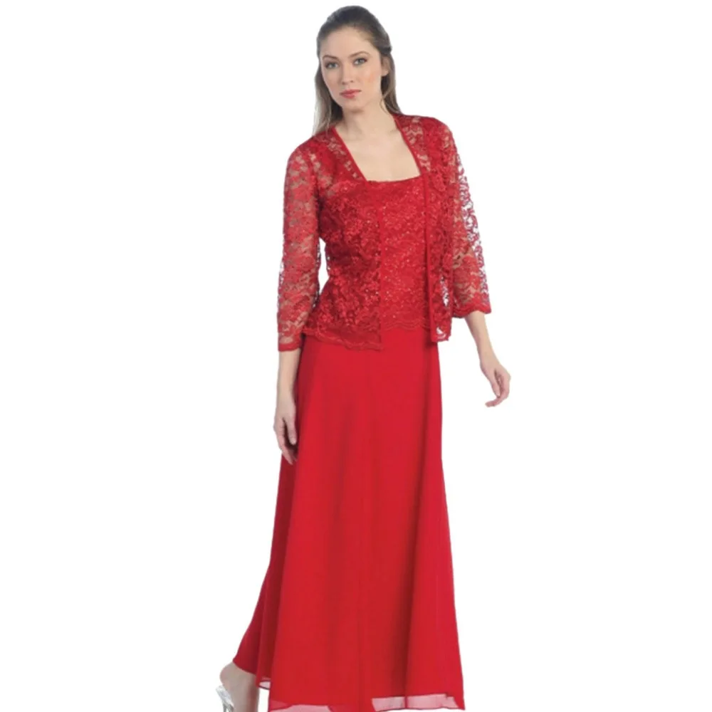 

Short Mother of the Bride Dress with Jacket Wine Red Lace Ankle Length Formal Party Wedding Guest Gown robe de mariage