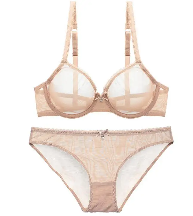 Sexy Womens Transparent Bra 3/4 Cup Non-padded Underwire Breathable Bra& Panties Mesh Unlined Bra Set 32 34 36 38 40 42 B C D - Цвет: Skin