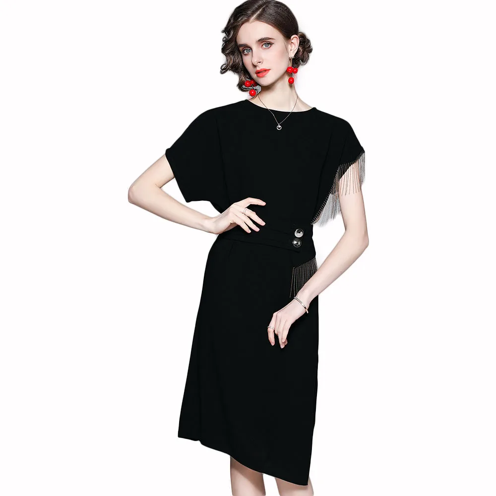 

Elegant Ladies Summer High Quality Black Tasel Slim Hip Wrap Mid Dress PROM Dresses For Women Vestido De Mujer