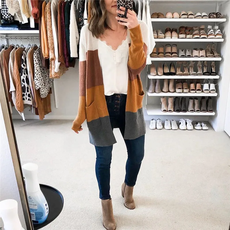 Женский кардиган свитер Повседневный Кардиган с длинными рукавами и карманами в