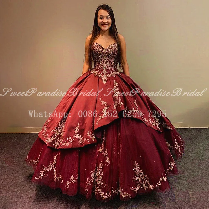 

Burgundy Satin Quinceanera Dresses With Appliques 2020 Puffy Tiered A Line Sweetheart Long Sweet 16 Dress Pageant Vestidos