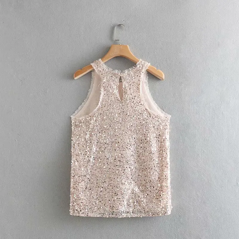2019 женская сексуальная блуза с круглым вырезом без рукавов расшитая блестками