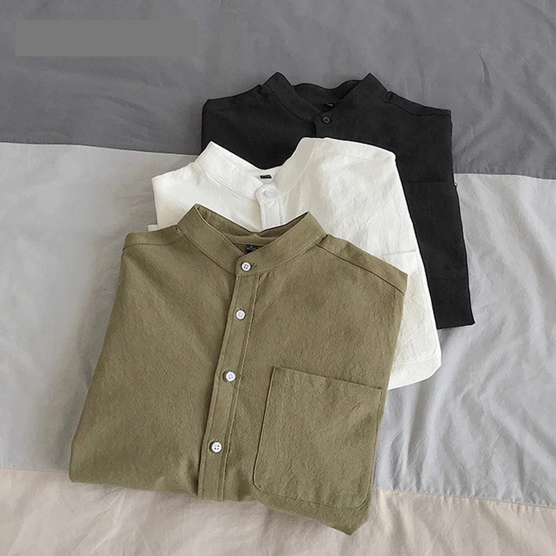 

Simple Design Solid Colors Long Sleeve Shirts Korean Fashion Mandarin Collar 100% Cotton White Black Shirt Soft and Comfort
